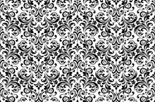 Floral Pattern. Vintage Wallpaper In The Baroque Style. Seamless Vector Background. White And Black Ornament For Fabric, Wallpaper, Packaging. Ornate Damask Flower Ornament