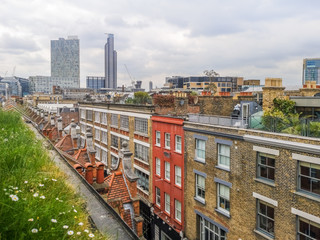 A green meadow with daisies in a warm spring day on the top of Brick Lane in London