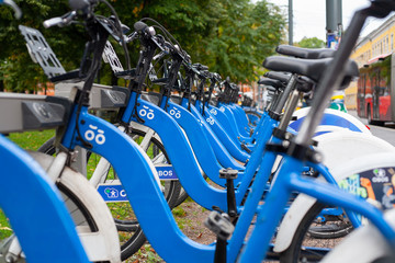 Bikes lined up for rent in the city of Oslo, Norway.