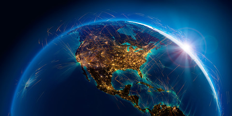 Wall Mural - detailed air routes on earth. 3d rendering