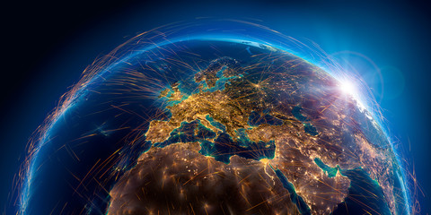 Wall Mural - detailed air routes on earth. 3d rendering