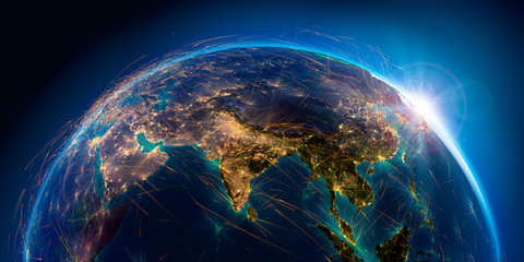 Wall Mural - detailed air routes on earth. 3d rendering