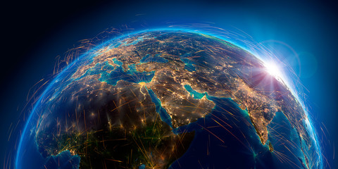 Wall Mural - detailed air routes on earth. 3d rendering