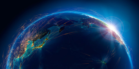 Wall Mural - detailed air routes on earth. 3d rendering