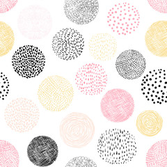 Fototapete - Abstract vector seamless pattern with hand drawn geometric shapes - circles with lines, dots and scribbles