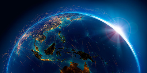 Wall Mural - detailed air routes on earth. 3d rendering