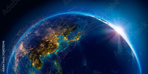 Photographie  Detailed air routes on Earth. 3D rendering