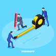 isometric vector image on a blue background, a man in a business suit holds a large tape measure and another with a pencil makes measurements, teamwork in the office