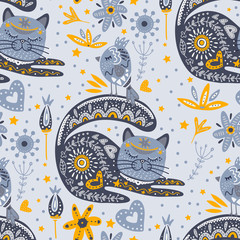 Wall Mural - tribal cat seamless vector pattern.