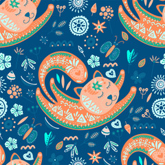 Wall Mural - tribal cat seamless vector pattern.