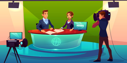 Newscasters team live broadcast cartoon vector. Journalist and TV show guest, invited expert sitting at desk in television chanel studio during interview record, breaking news presenting illustration