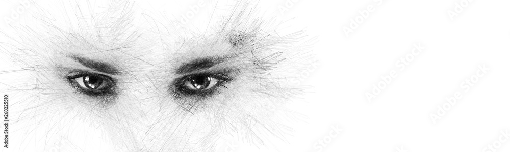 Pencil sketch face silhouette woman eyes looking at camera aside on white background copy space for your conceptual text advertisement. Image digitally altered digital effects - obrazy, fototapety, plakaty 