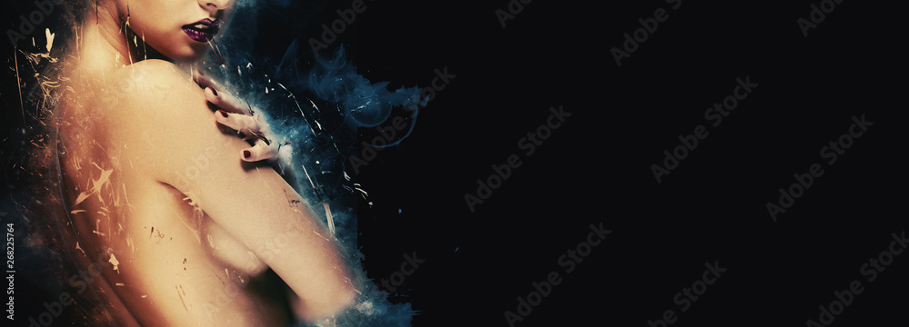 nNked woman with digital effects on black copy space background - obrazy, fototapety, plakaty 