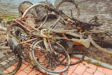 Porvoo, Finland - May 2019: Old Rusty Bicycles Abandoned On The River Bank In The Finnish City Of Porvoo. Bunch Of Rusty Bikes