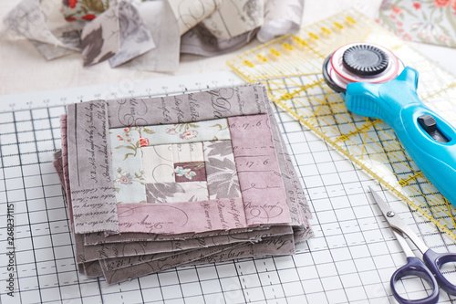 Patchwork Log Cabin Blocks On Craft Mat Stack Of Blocks Sewing