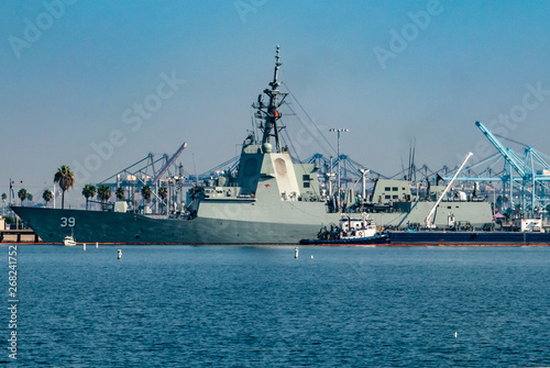 The HMAS Hobart (DDG 39),  at the Port of Los Angeles, is the lead ship of the Hobart-class air warfare destroyers used by the Royal Australian Navy (RAN).