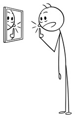 Wall Mural - Vector cartoon stick figure drawing conceptual illustration of frustrated man who is looking at mirror and just found big pimple that erupted on his face skin.