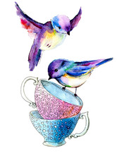 Party Colorful Tea Cups And Saucers Closeup With Two Birds. Sketch Handmade. Postcard For Holiday. Watercolor Illustration.