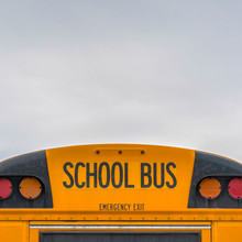 Square Rear Of A Yellow School Bus With Signal Lights And Emergency Exit Window