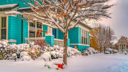 Wall Mural - Panorama Scenic view of a neighborhood in Daybreak Utah frosted with snow in winter