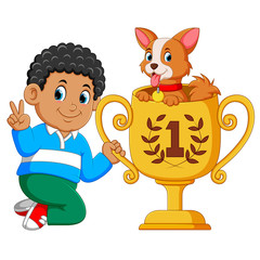 Canvas Print - the boy who is the first rank is holding his trophy with the dog on it