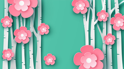 Paper art of sakura tree and cherry blossom in spring forest with place for your text space. Graphic design for spring. paper cut and craft style. vector, illustration.