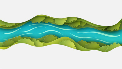 Paper layer cut of top view landscape in forest with trees, river, cloud and narrow valley. Landscape design on paper art. paper cut and craft style. vector, illustration.