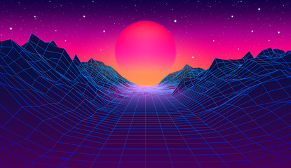 Poster - 80s synthwave styled landscape with blue grid mountains and sun over canyon