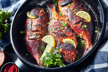 delicious freshly grilled dorado fish, top view