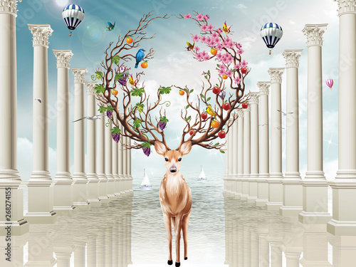 3d illustration, columns, sky, balloons, fabulous deer with large flowering a...