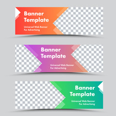 Poster - Set of vector colored web banners with arrow shapes and place for photo.