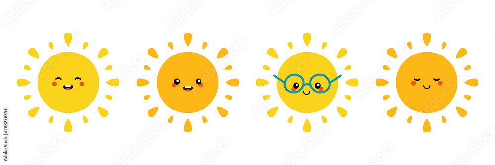 Set, collection of happy, smiling, joyful cartoon style sun characters for summer, vacation design. - obrazy, fototapety, plakaty 