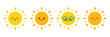 Set, collection of happy, smiling, joyful cartoon style sun characters for summer, vacation design.