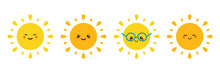 Set, Collection Of Happy, Smiling, Joyful Cartoon Style Sun Characters For Summer, Vacation Design.