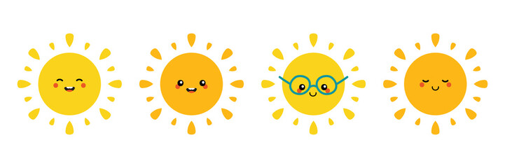 Wall Mural - Set, collection of happy, smiling, joyful cartoon style sun characters for summer, vacation design.