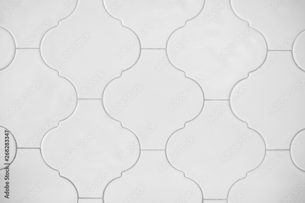 real photo white tiles Seamless surface design with ogee ornament. Oriental traditional pattern with repeated mosaic tile. Tracery window wallpaper. Moroccan crosses motif. Arabesque digital - obrazy, fototapety, plakaty 
