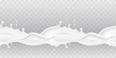 Wall Mural - milk splash seamless pattern isolated on transparent background. 3d realistic yogurt wave border. ve