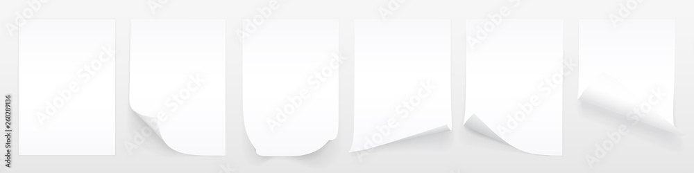 Blank A4 sheet of white paper with curled corner and shadow, template for your design. Set. Vector illustration - obrazy, fototapety, plakaty 