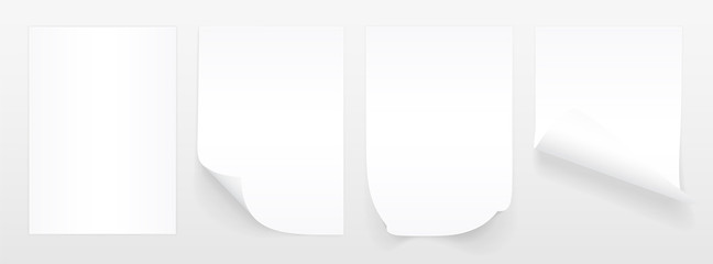 Poster - Blank A4 sheet of white paper with curled corner and shadow, template for your design. Set. Vector illustration