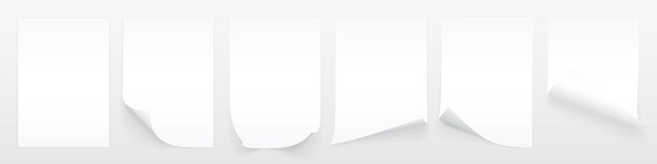 Poster - Blank A4 sheet of white paper with curled corner and shadow, template for your design. Set. Vector illustration