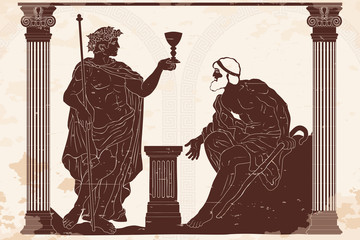 The ancient Greek god of wine Dionysus with a glass in his hands and the old man with a staff engaged in a dialogue in the temple between two columns.