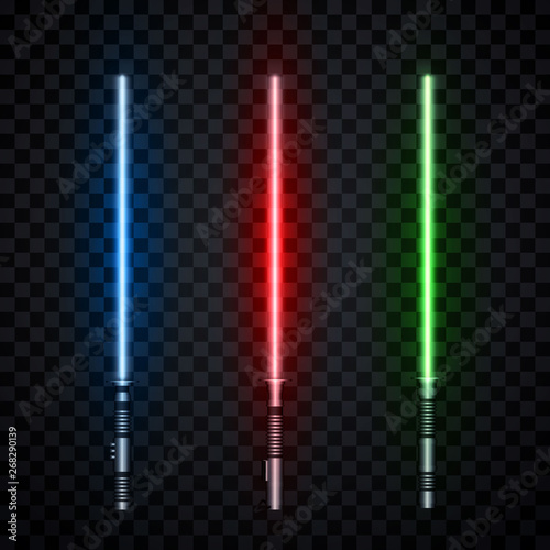 Set of three realistic light swords isolated on transparent background Poster Mural XXL