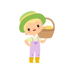 Poster - Cute Boy in Overalls, Rubber Boots and Hat with Basket of Fresh Vegetables, Young Farmer Cartoon Character Harvesting Vector Illustration