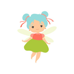 Sticker - Little Forest Fairy, Lovely Fairy Girl Cartoon Character with Light Blue Hair and Wings Vector Illustration