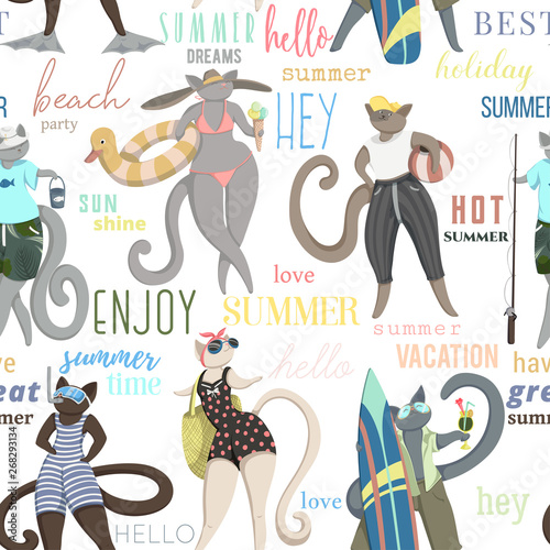 Cotton fabric Seamless pattern with cats on summer vacation and typography elements. Cute characters spend summer holidays. Surfing, swimming, diving, fishing, tanning, playing. Vector illustration