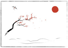 The Asian Theme Of Nature, Japanese And Chinese Element - Plum Blossom With Bird, A Sign For Wind Spring - Illustration. Isolated Stroke Element
