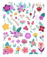 Wall Mural - Big flowers set. Floral vector elements: blossoms, branches, botanical illustrations on white background