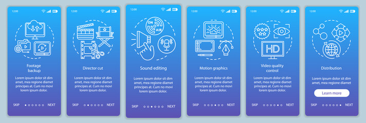 Wall Mural - video production onboarding mobile app page screen vector template