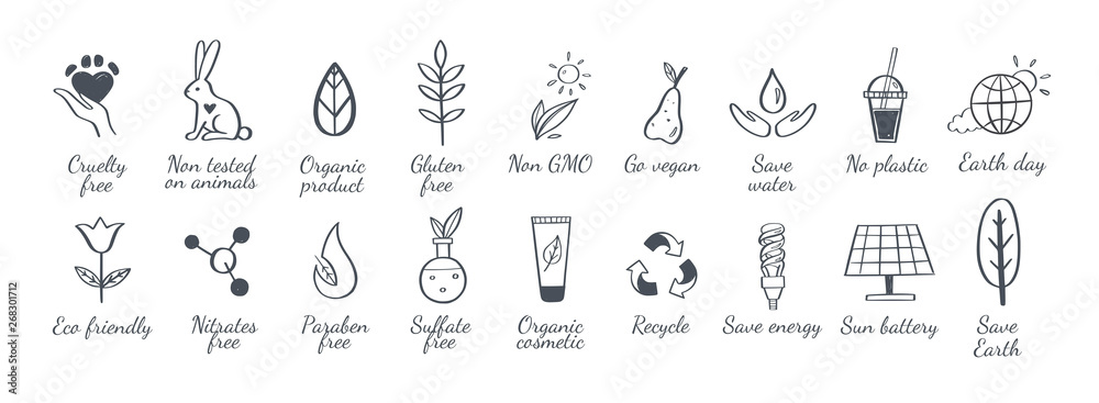 Eco friendly, ecology vector hand drawn icons set. Organic cosmetics, zero waste, save earth and healthy lifestyle sign - obrazy, fototapety, plakaty 