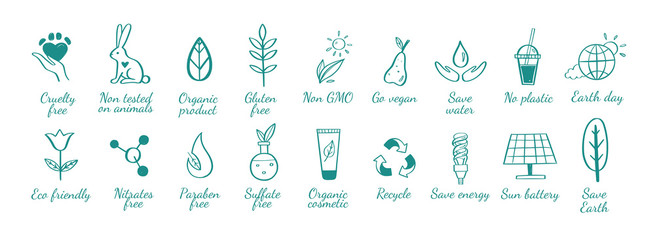 Eco friendly, ecology vector hand drawn icons set. Organic cosmetics, zero waste, save earth and healthy lifestyle sign